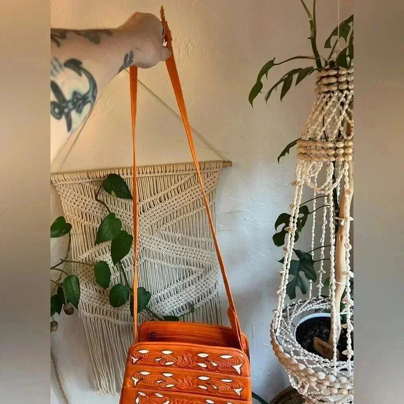 Handcrafted Tooled Leather Bag - 10x9 Orange Crossbody Purse Made in Mexico - Picture 6 of 12